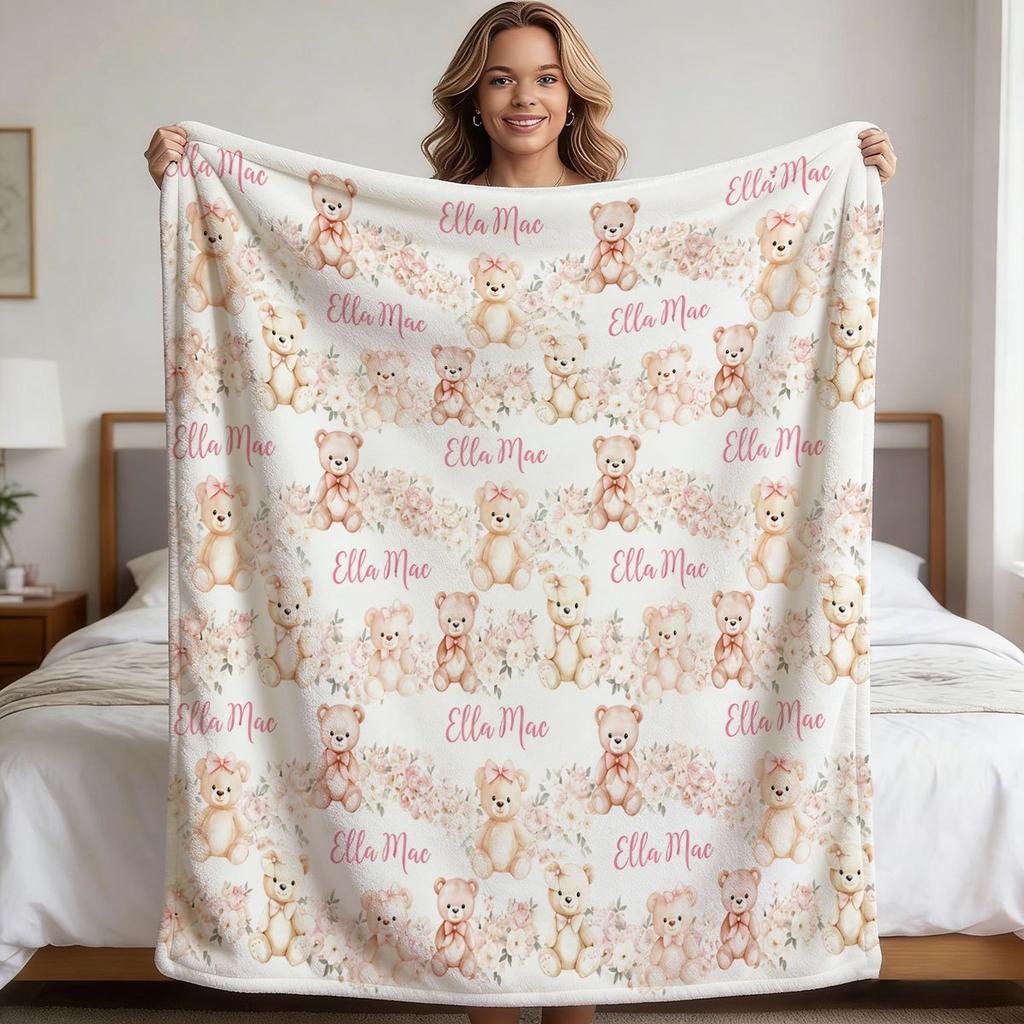 1pc Custom Name Pink Floral Teddy Bear Pattern Design Exclusive Name Design Flannel Blanket, All-Season Bed Sofa Cover Blanket Unisex Comfortable Bedr