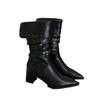 2025 new autumn and winter stacking boots mid-heel pointed rivets pleated thick heel lapel short Martin boots