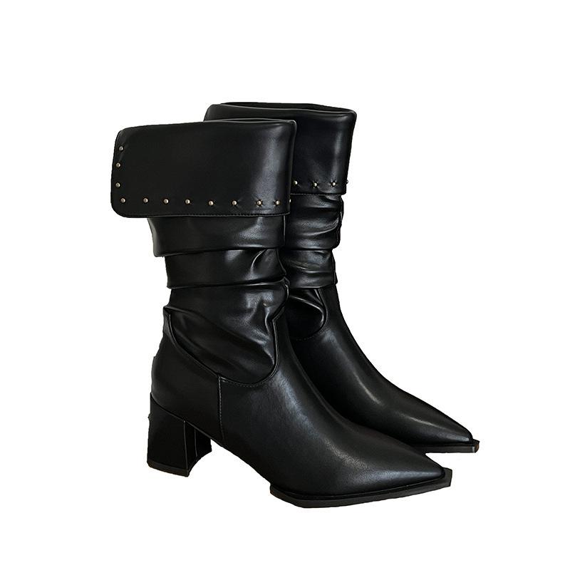 2025 new autumn and winter stacking boots mid-heel pointed rivets pleated thick heel lapel short Martin boots