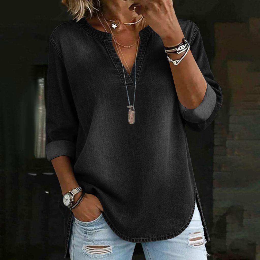 Womens Flowy Denim Shirt Casual V Neck 3/4 Length Sleeve Shirts Loose Fit Tunic Tops With Side Slit