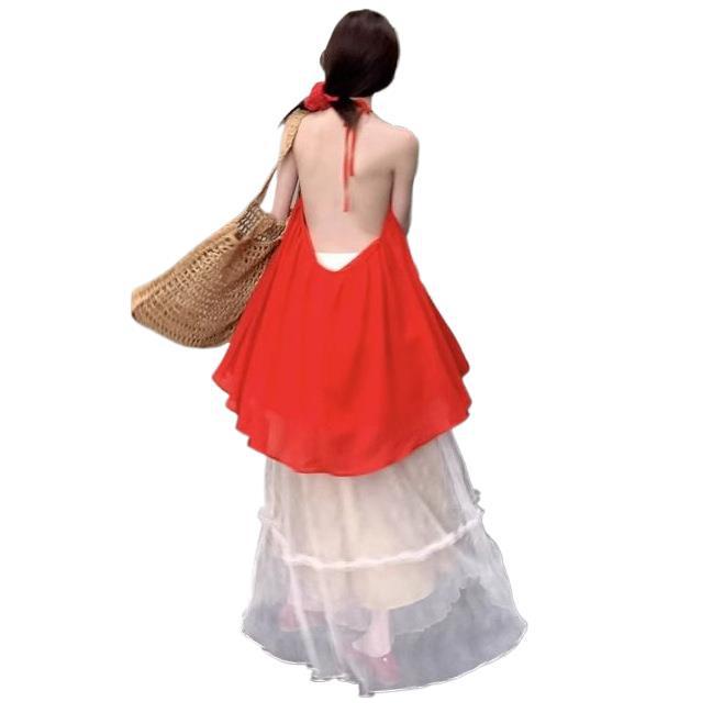 Red Off-the-Shoulder Halterneck Chiffon Top + Wide-Leg Skirt Two-Piece Set