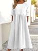 Women's Round Neck 3/4 Sleeve Linen Cotton Loose Midi Dress With Side Pockets Casual Swing Dress