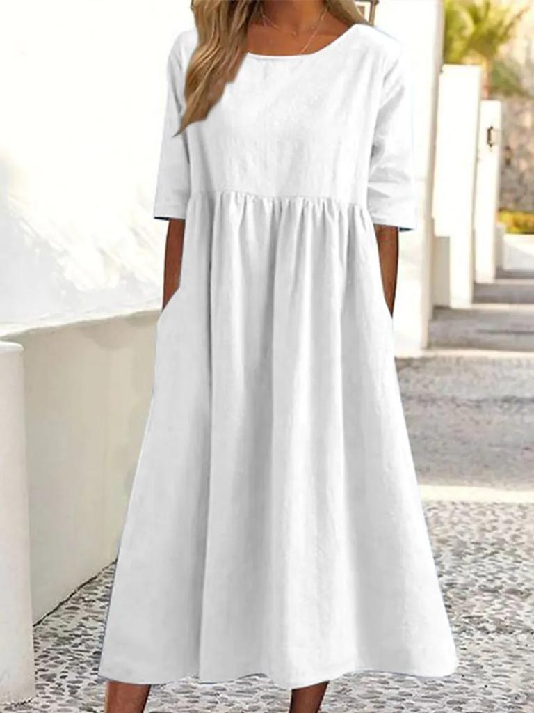 Women's Round Neck 3/4 Sleeve Linen Cotton Loose Midi Dress With Side Pockets Casual Swing Dress