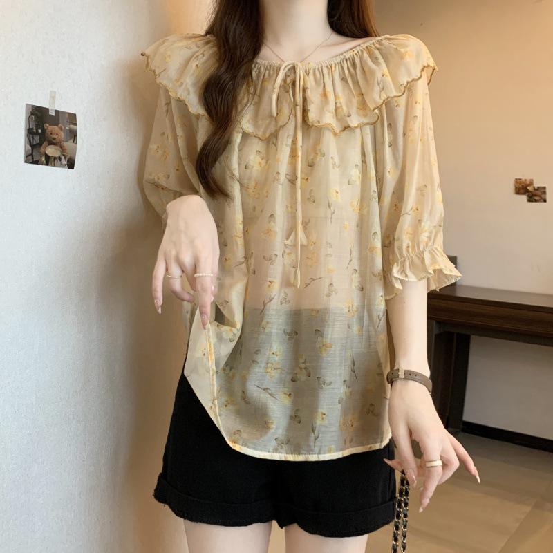 

Топ с цветочным принтом на одно плечо и короткими рукавами: Плюс размер, свободный крой, молодежный, универсальный L жёлтый