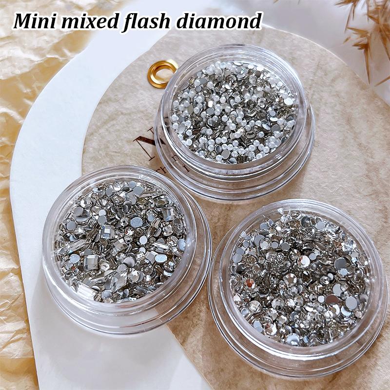 1Box Diy Nail Art Decor Sparkling White Diamond Zircon Pearl Mixed Nail Drill Flat Nail Jewelry Manicure Diamond Manicure Design