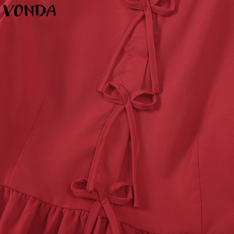 VONDA Women Summer Round Neck Puff Short Sleeve Lace Hem Blouses