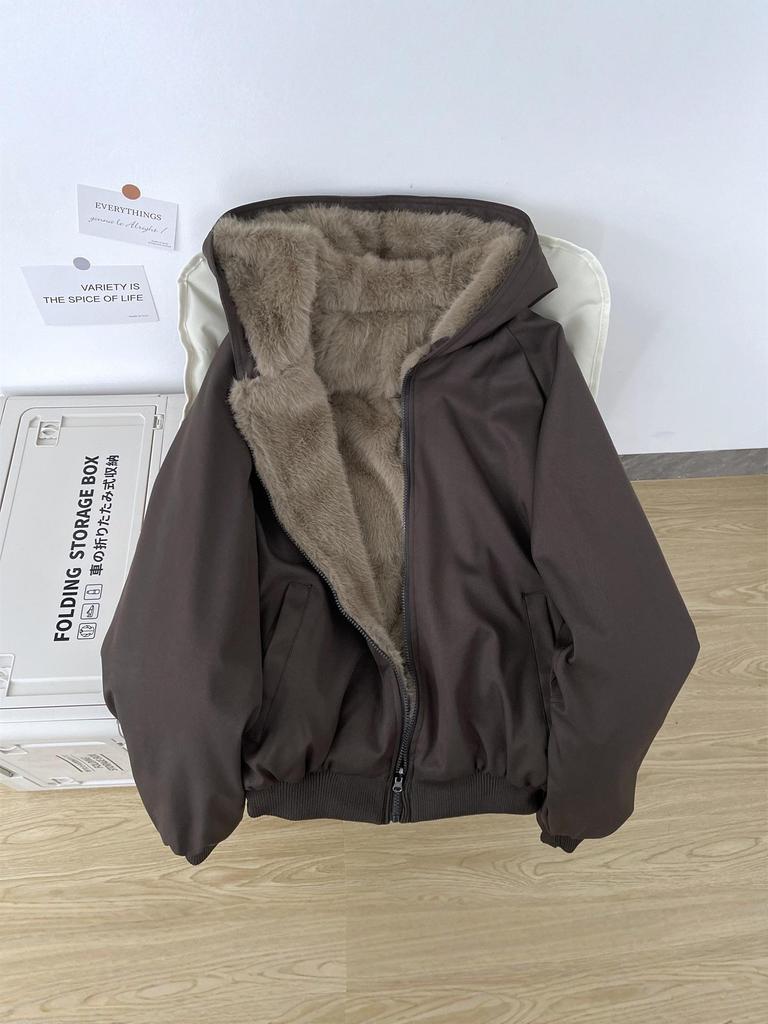 Unisex Reversible Hooded Cotton Jacket with Thick Velvet for Winter