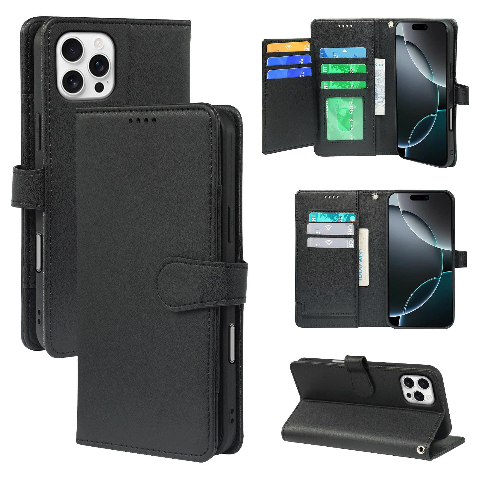 

Чехол для iPhone 16 Pro Max с 9 отделениями для карт, подставка из ПУ кожи, чехол для телефона Black