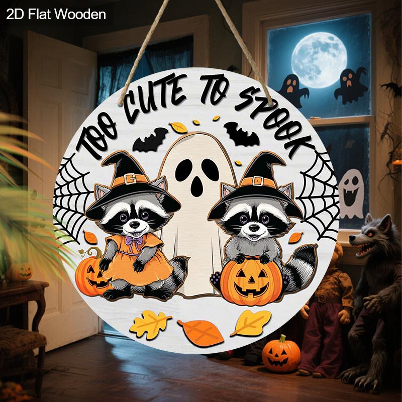 Halloween Wooden Sign with Adorable Raccoon and Ghost Pattern - Figurine Ornaments for Front Door, Wall, Room Decor - Ideal Halloween Gift for Friend