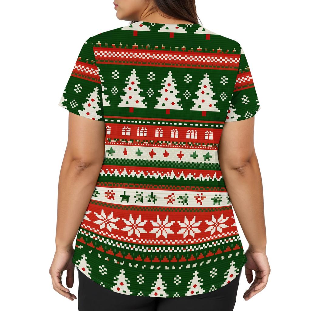 Women's V-Neck Short Sleeve Christmas Print Work Tunic Top with Pockets and Side Slits