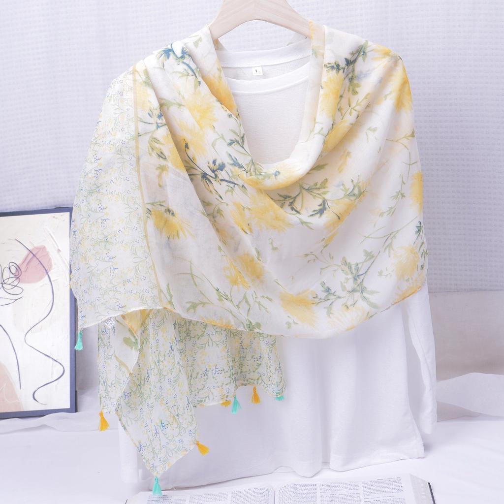 Ethnic Style Blue and White Porcelain Cotton and Linen Scarf, Women's Artistic Shawl, Travel Sunscreen Scarf, Office Shawl