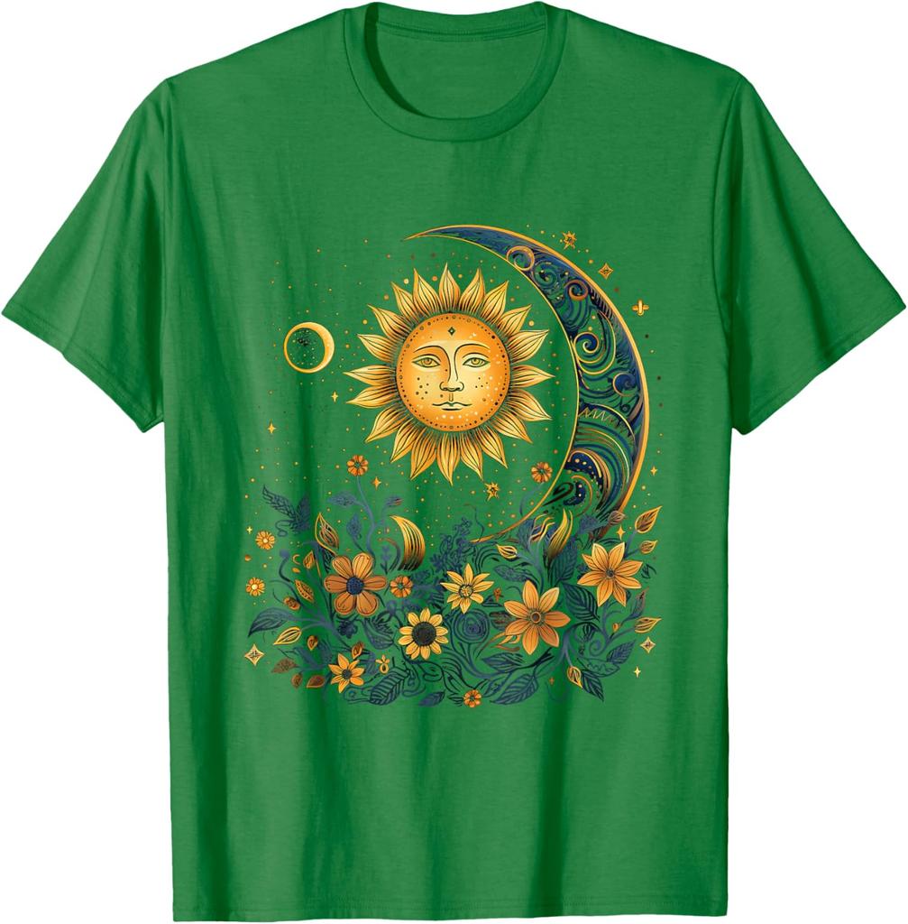 Mystic Sun and Moon Floral Graphic T-Shirt Men Casual Print O-Neck Breathable Trip Tee