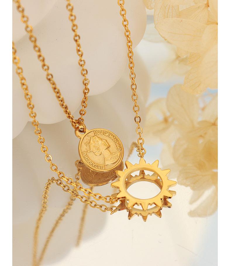 18K Gold Sun Embossed Portrait Pendant Necklace, Titanium Steel Clavicle Chain