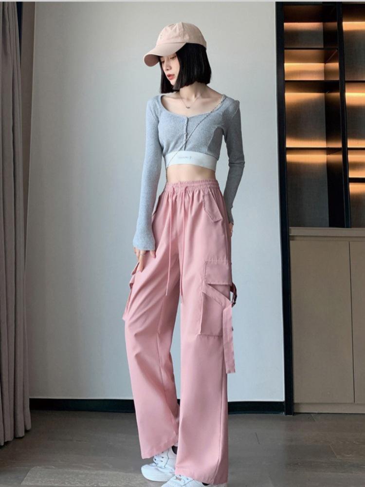 

Женский розовый комбинезон с высокой талией - Весна/Лето 2025, Приталенный силуэт, Драпированные широкие/зауженные брючины, Быстросохнущий, Повседневный американский стиль Large розовый