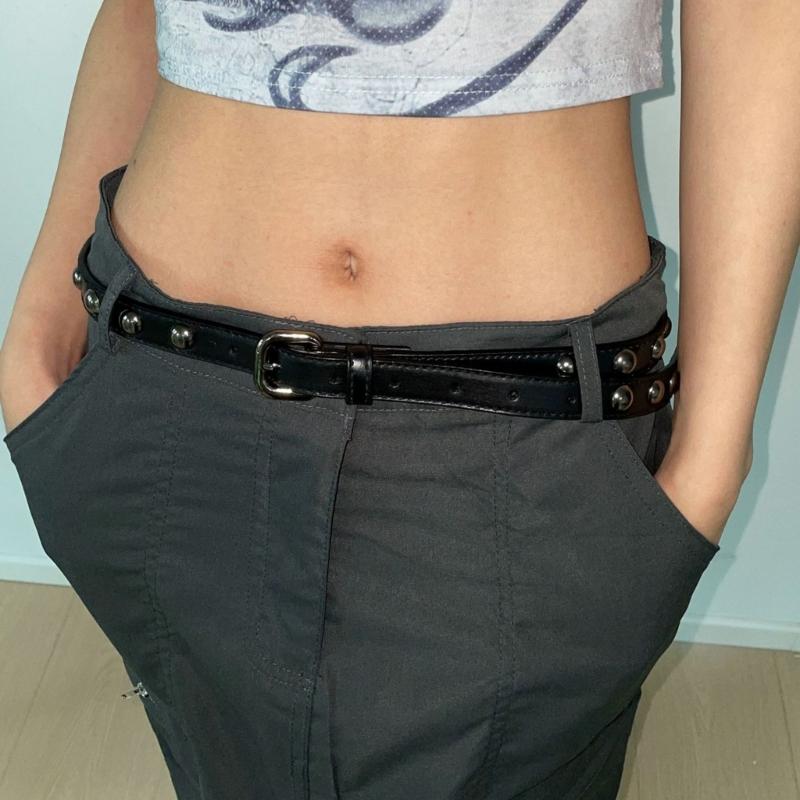 PU Leather Waist Belt with Pin Buckle Harajuku Rivet Waist Belt Woman Girls Jeans Dresses Skirt Coat Thin Waistband