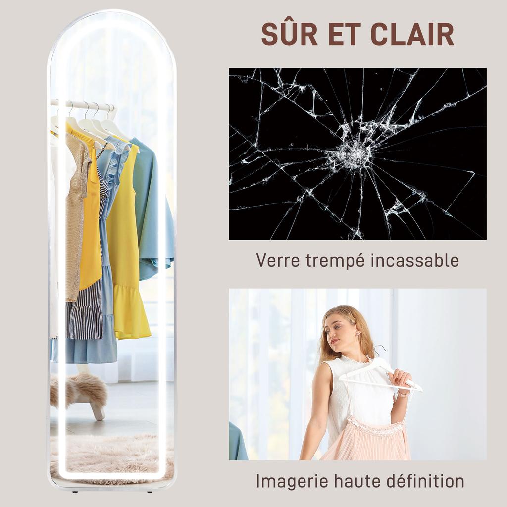 Full-Length LED Arched Mirror, 3 Colors, Memory Function, 150 x 40 cm, Silver