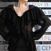 Sexy See Through V Neck Long Sleeve Beach Party Shirt Women's Low Cut Shirt Ruffle Solid Color