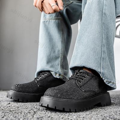 Men Canvas Leather Shoes 2025 Autumn Leisure Loafers Lace Up Platform Comfortable Non Slip Fashion Derby Shoes Wedding Party