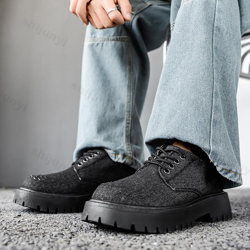 Fashion Men Canvas Leather Shoes 2025 Autumn Leisure Loafers Lace Up Platform Comfortable Non Slip Fashion Derby Shoes Wedding Party