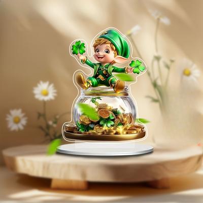 Acrylic Leprechaun Statue with Clover & Golden Pot - Bohemian Style Daytime Decoration - Light-Catching Base - Ideal for Home, Office, Living Room 