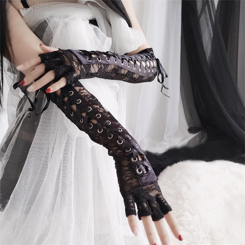 Long Fingerless Cute Gothic Lolita Floral Embroidery Party Halloween Cosplay Costume UV Protection Arm Covers [SEXYTINE] Lace-up Gloves, Gloves,