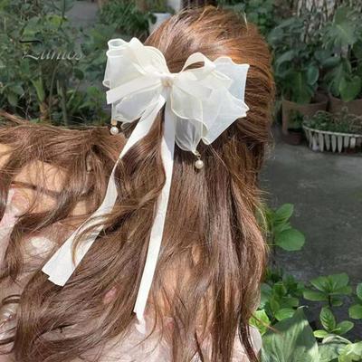 Fermaglio per capelli da donna, in filato di maglia, con fiocco, decorazione a forma di cartone animato, con coda lunga, accessori per capelli dolci