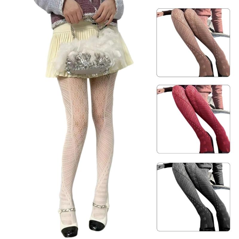Women Vintage Hollowed Out Fishnet Sheer Pantyhose Aesthetic Irregular Geometric Patterned Spliced Leggings Mesh Tights