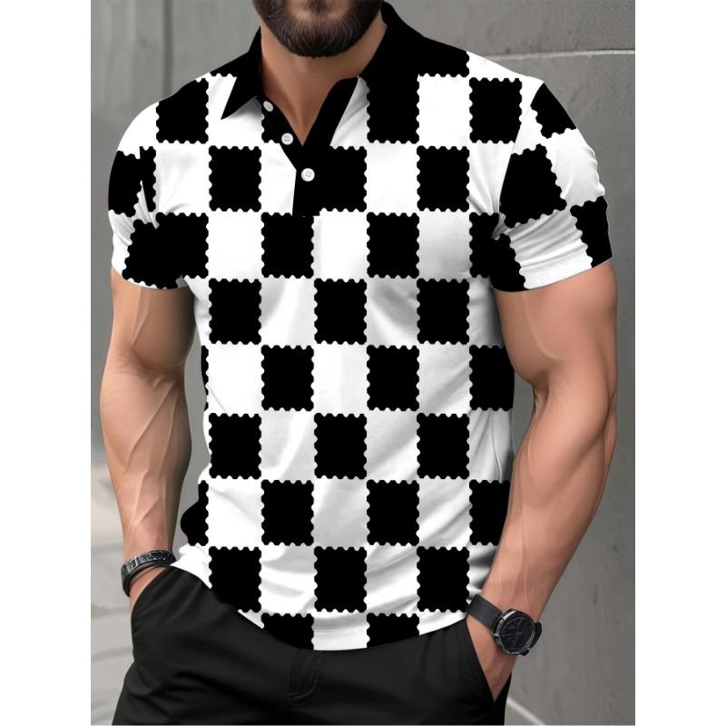 The 2026 Summer New Men's Short-sleeved POLO Shirt Features a Casual Fashionable and Comfortable 3D Checkered Pattern Print