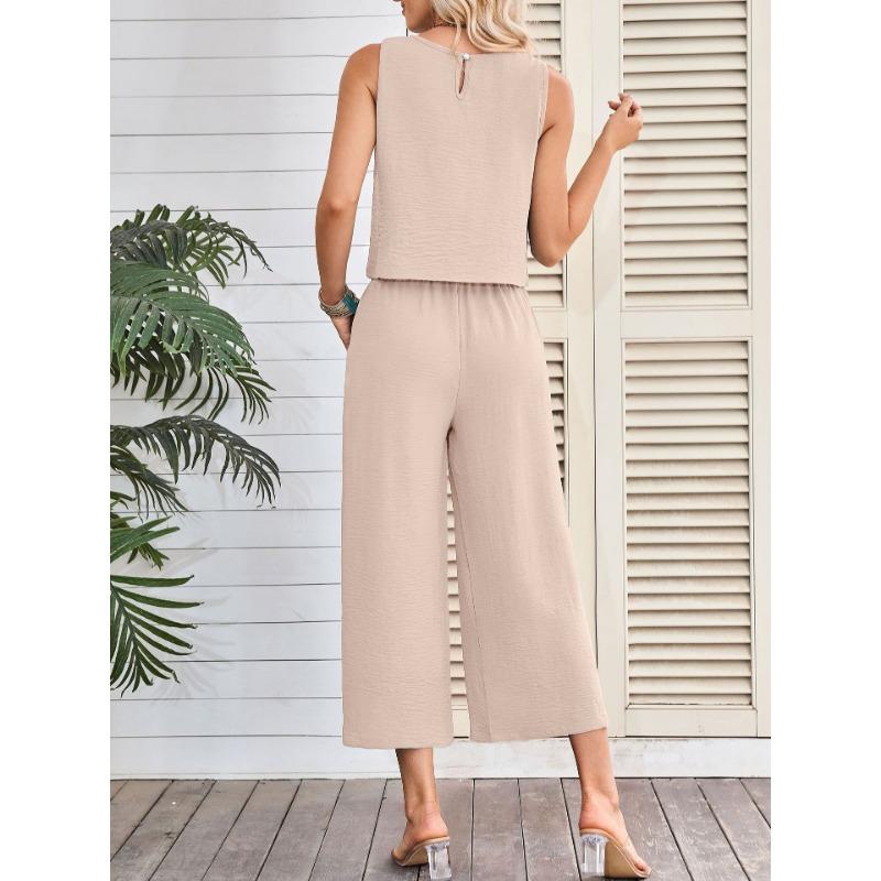 Women Summer Casual Sleeveless Vest Wide Leg Cropped Pants Two Piece Set