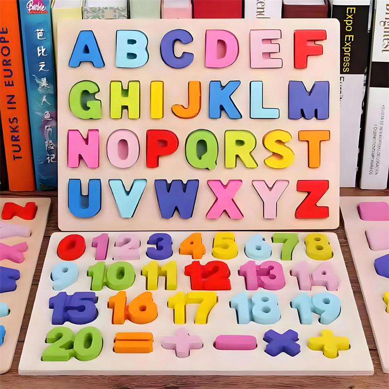 Montessori Baby Wooden Puzzle Toys Toddler Cognitive Letter Number Hand Grab Puzzle Board Early Educational Toys for Kids 2 to 4