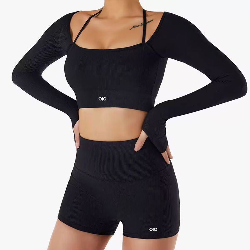 Oiob Yoga Clothes Cycling Running Workout Outfit High Waist Hip Lift Thin Exercise Women's Long Sleeve Tops High Elastic Shorts