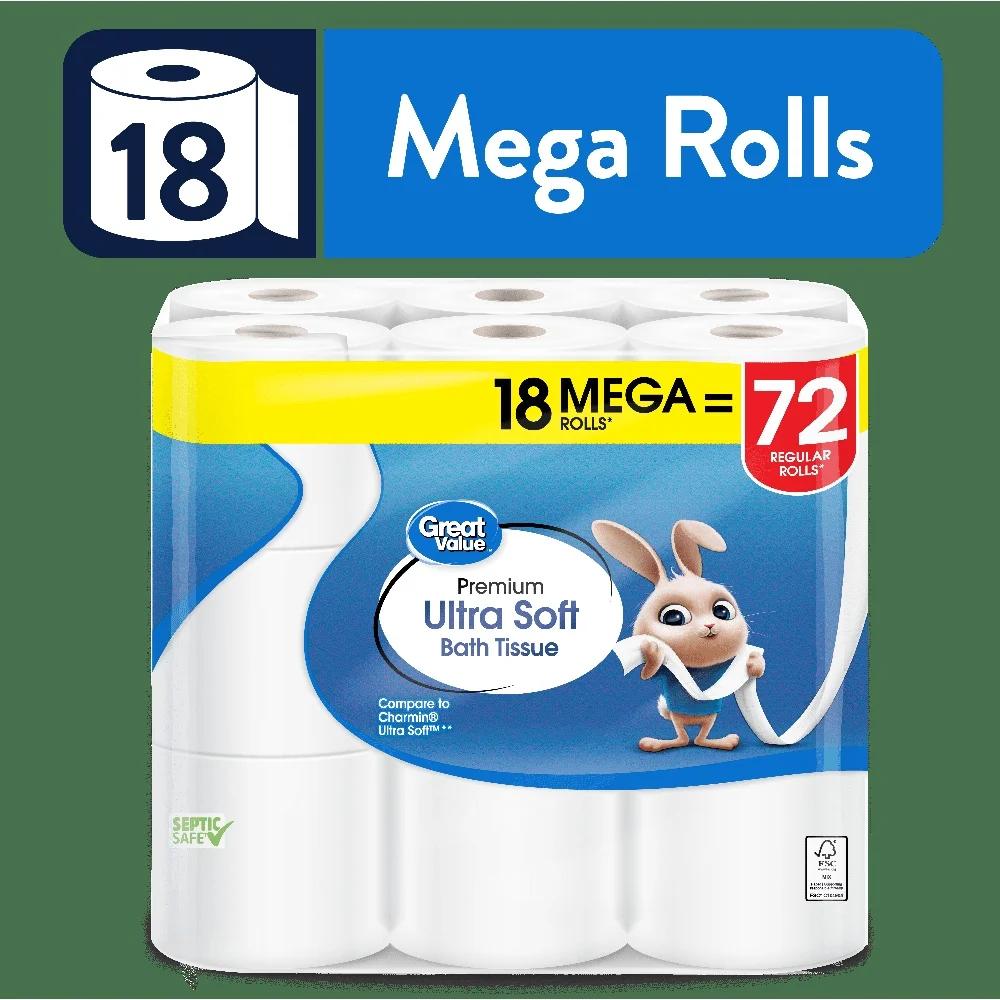 Ultra Soft 2 Ply Toilet Paper 18 Mega Rolls Septic Safe Unscented Bath Tissue 244 Sheets Long Lasting Family Essential