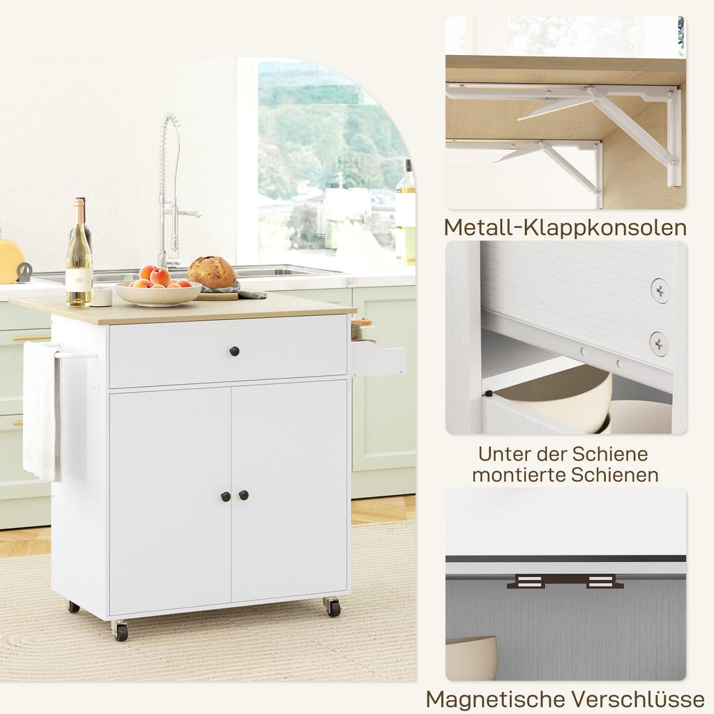 Rolling Kitchen Island with Drop Leaf, Kitchen Storage Cart with Drawer, Spice Rack and Towel Rack, White