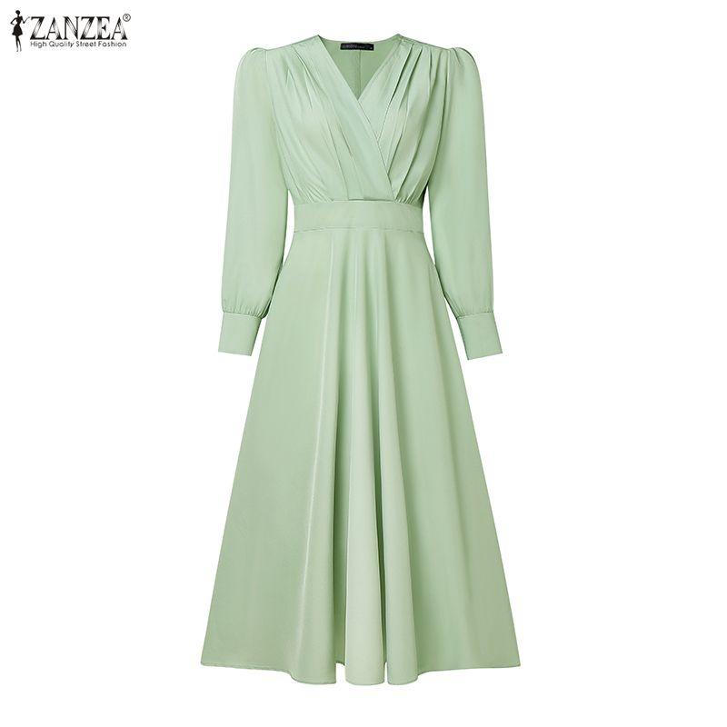 ZANZEA Women Elegant Casual V-Neck Long Sleeve Dress