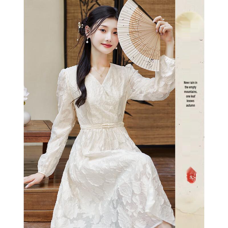 

Women s Elegant New Chinese Style Long Sleeve A-Line Midi Dress XL