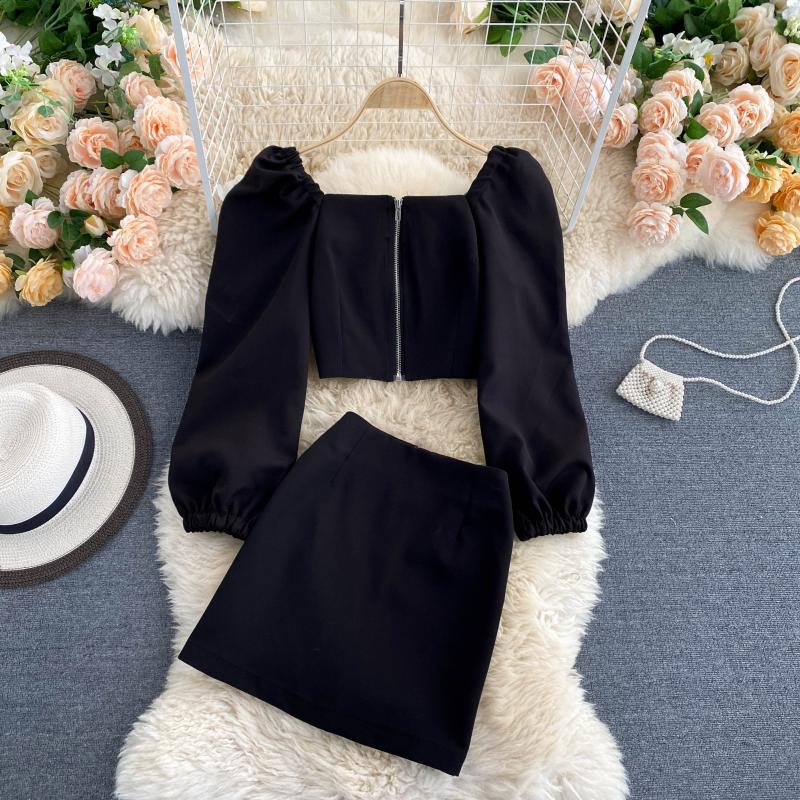 Autumn Retro Square Collar Temperament Bubble Sleeve Top Short High Waist Half-Body Skirt Celebrity Temperament Two-Piece Suit