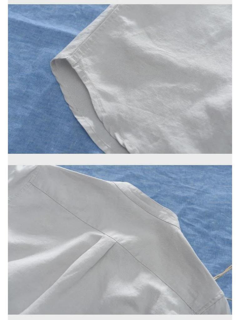 Men's Short Sleeve Stand Collar White Linen Shirt - Lightweight, Breathable, Casual, and Fresh.