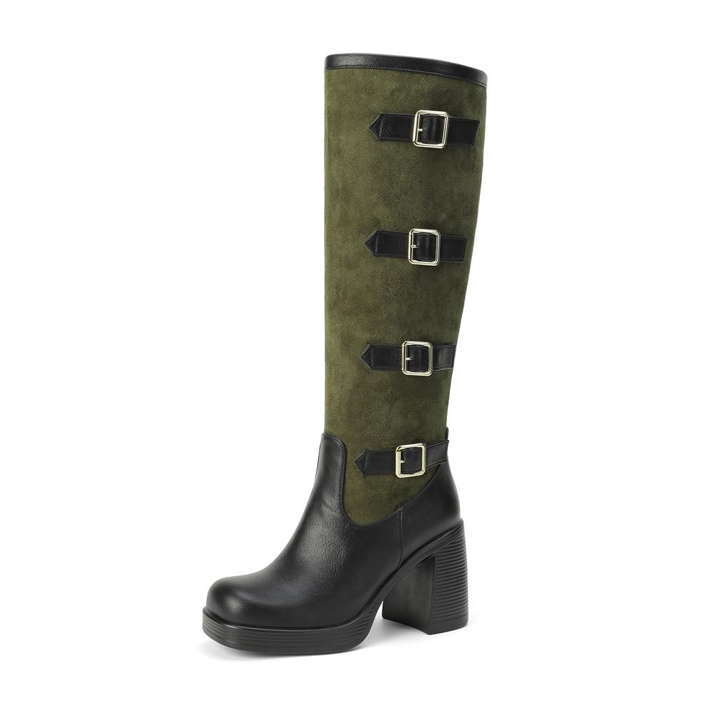 Fashion Women Boots Autumn Winter Long Tube Knight Booties Buckle Punk Gothic Classic Black ArmyGreen Platform High Heel Shoes Knee-High