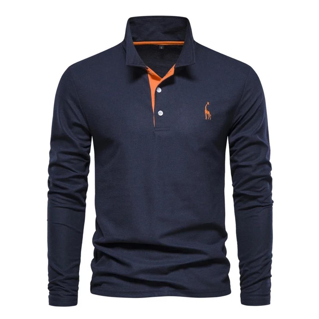 Trend Hub New Men's Deer Embroidery Polo Shirts Solid Color Long Sleeve Social Business Male