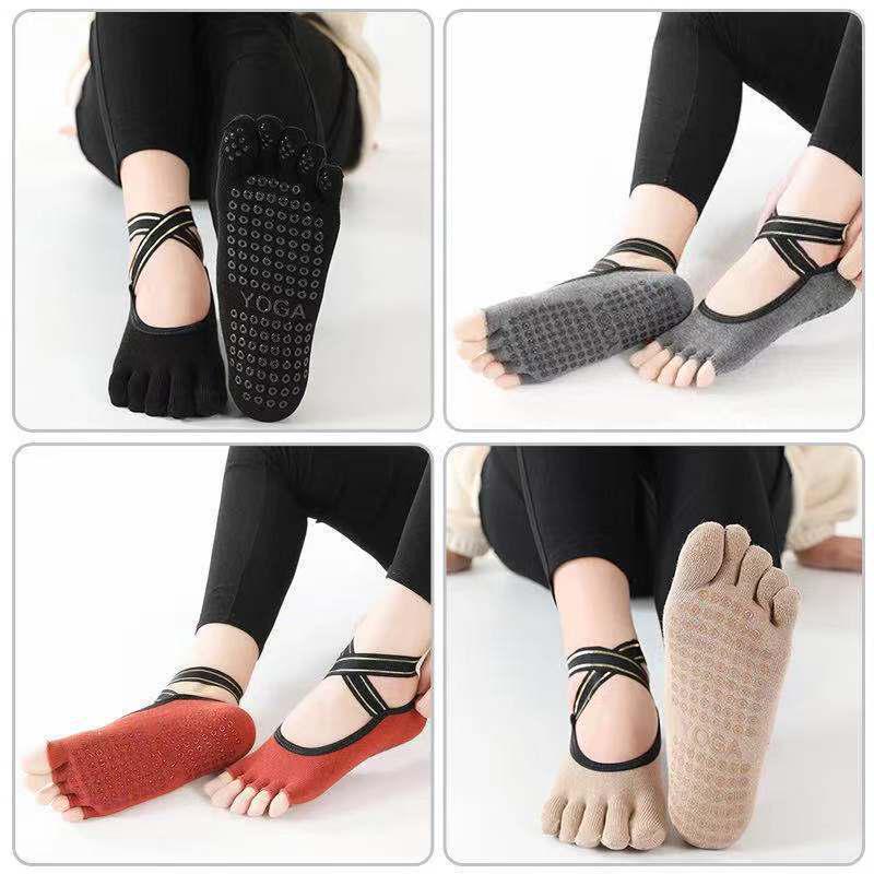 Women's Breathable Cotton Backless Fingerless Non-Slip Yoga Toe Socks with Cross Strap