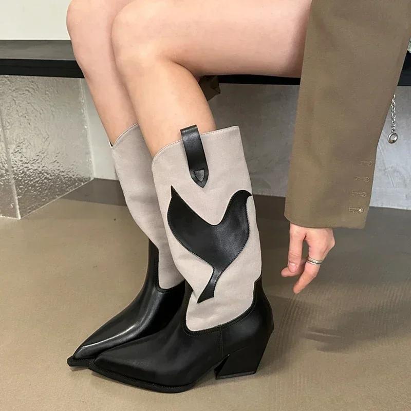 Luxury Pointed Toe Western Cowboy Boots Women  New Retro Knight Boots for Women Leather Splicing Chunky Heel Mid Calf Boots