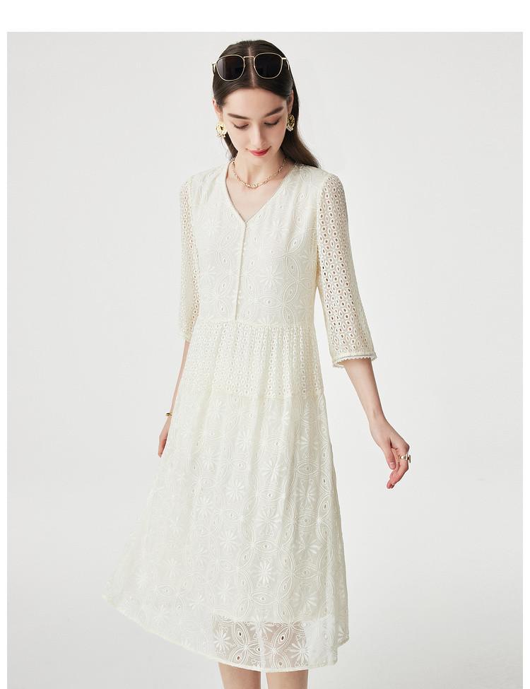100% Mulberry Silk] Spring and Summer V-neck Elegant Hollow Embroidery Loose and Slimming Silk Dress for Women