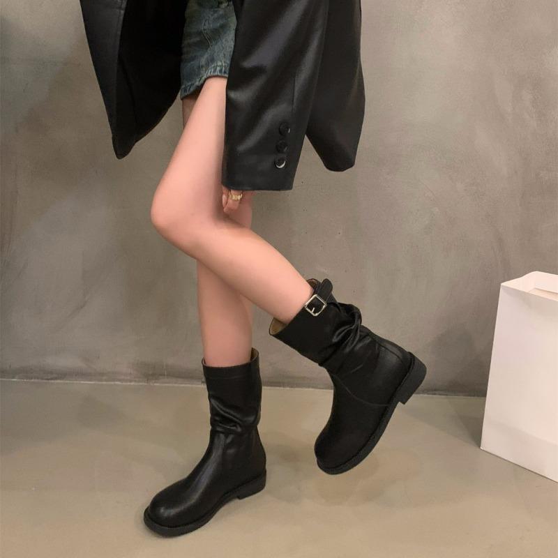 Autumn New Women's Knight Mid-calf Boots Fashion Trend Buckle Thick Bottom Short Boots Non Slip Comfortable Women Leather Shoes