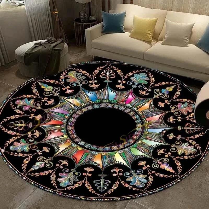 Round Carpet Retro Mandala Geometric Flower Pattern Rug Living Room Bedroom Cloak Non Slip Mat Home Decoration