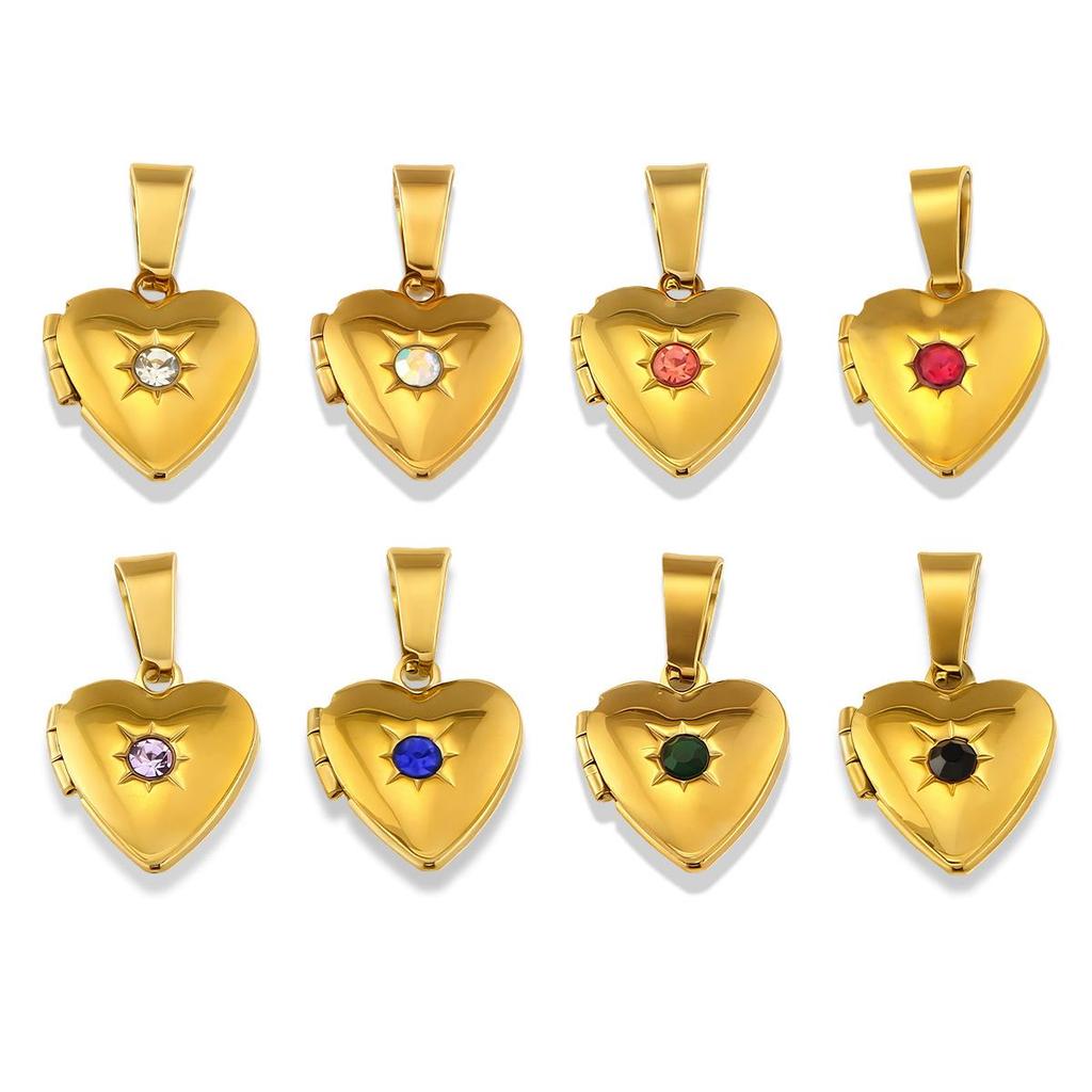 18K Gold-Plated Zirconia Heart Necklace Pendant with Birthstone, Stainless Steel, European & American Simple Design.
