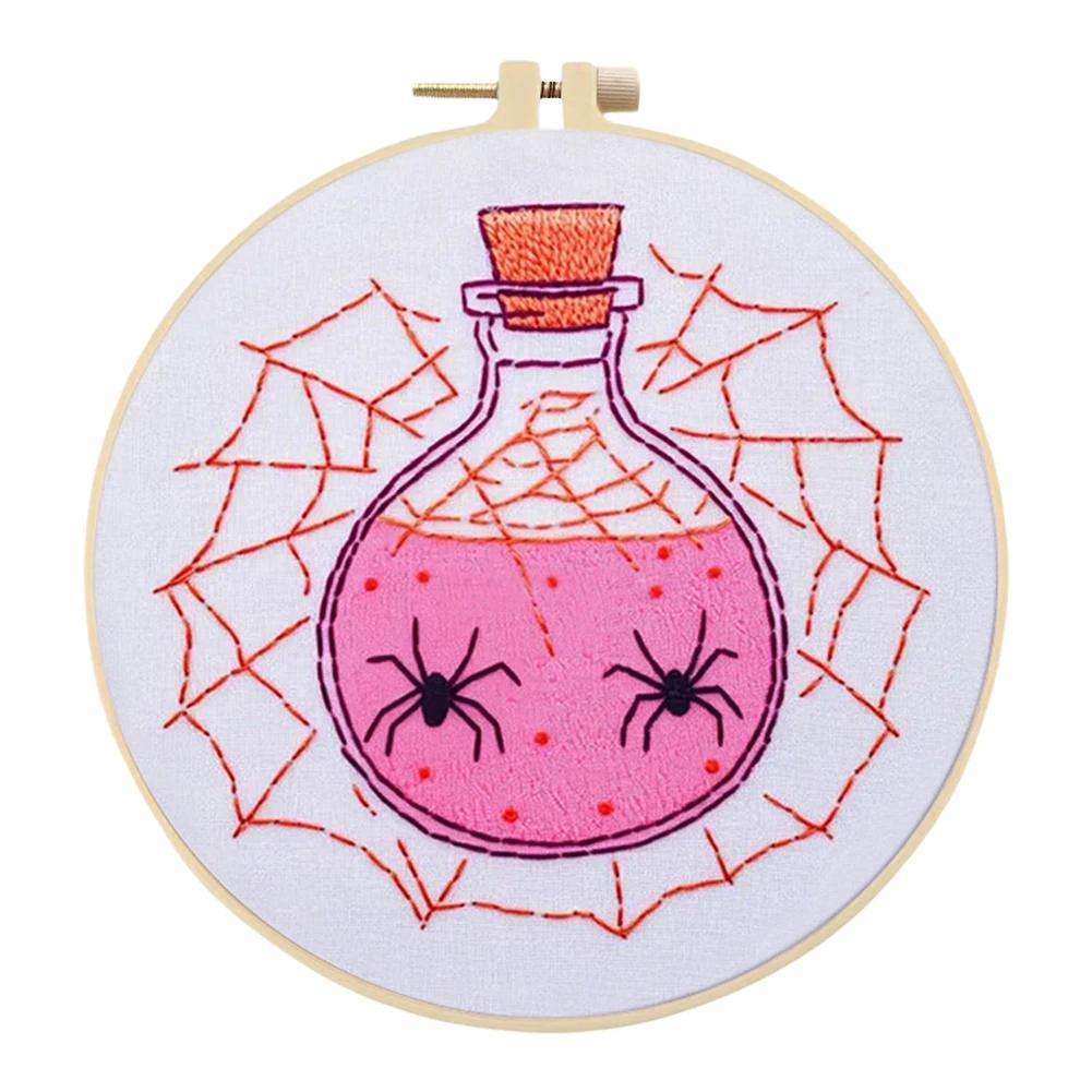 Halloween Stamped Cross Stitch Embroidery Kits with Hoop Cloth Color Thread for Beginners DIY Arts Ornament Cross Stitch Sets