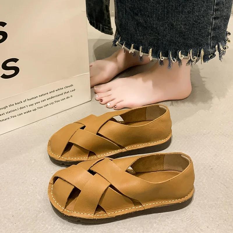 Fashion Ladies Shoes 2025 New BaoTou Women's Sandals Casual Sandals Women Summer Retro Hollow Shoes Woman Slip-on Flat Sandalias Mujer