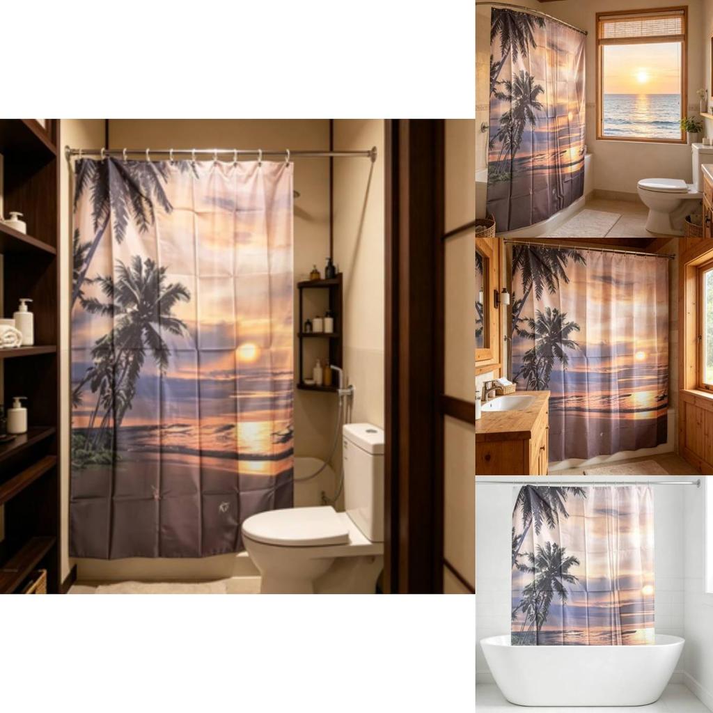 Sunset Palm Tree Shower Curtain With Waterproof Polyester Material For Bathroom Use
