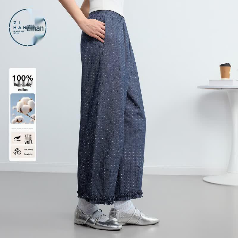 ZIHAN Women s Cotton Polka Dot Wide-Leg Cropped Pants M
