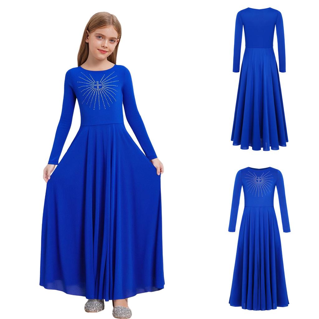 Glittery Rhinestone Church Choir Dress for Girls: Round Neck Long Sleeve A-line Maxi for Liturgical Worship Dance
